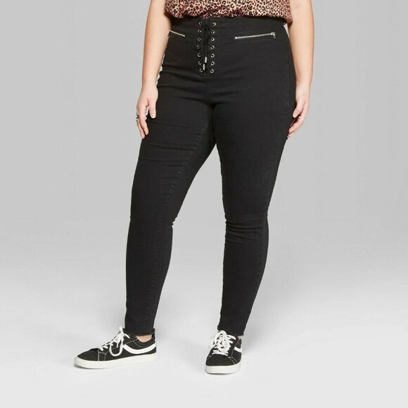 Wild Fable Black Lace Up Skinny Jeans Raw Hem Goth Punk Emo Metal Grunge Size 8 - Picture 2 of 9